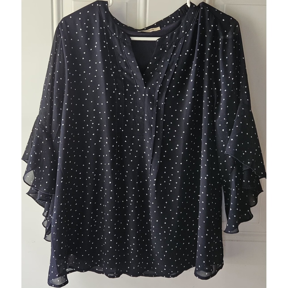 Timeson Womens XL Black Polka Dot Blouse Flutter Sleeve Sheer Lightweight Top